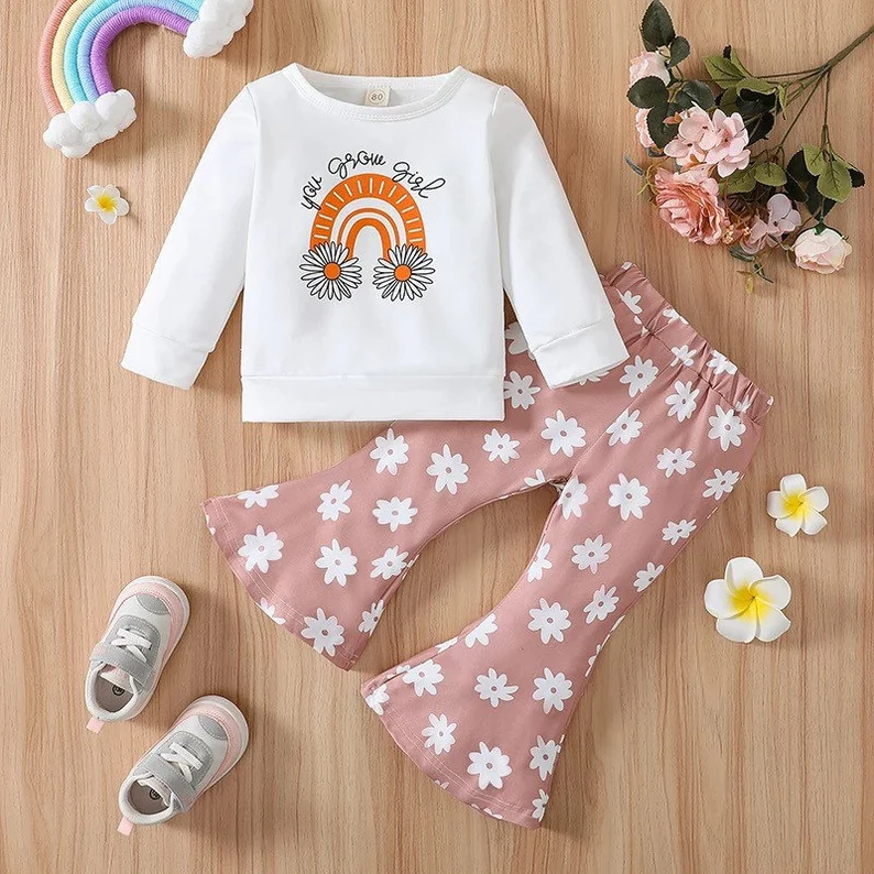 (Custom Design Preorder MOQ 5) Rainbow Flowers Print Girls Clothes Set