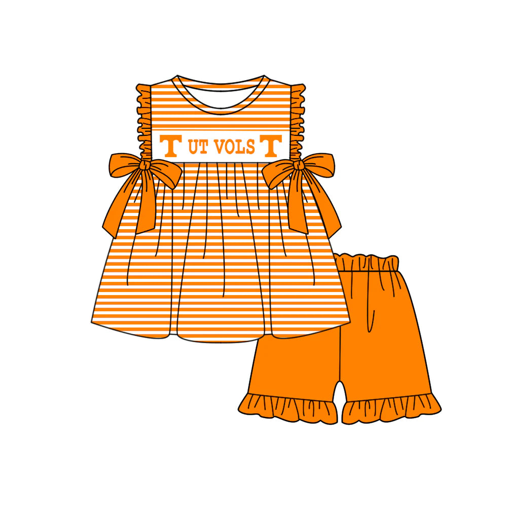 (Custom Design Preorder MOQ 5)  Team's Tennessee VOLS Stripes Tunic Top Orange Shorts Girls Summer Clothes Set