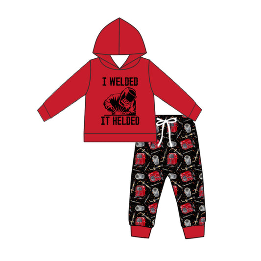 (Custom Design Preorder MOQ 5) Welder Red Hoodie Top Black Pants Boys Fall Clothes Set