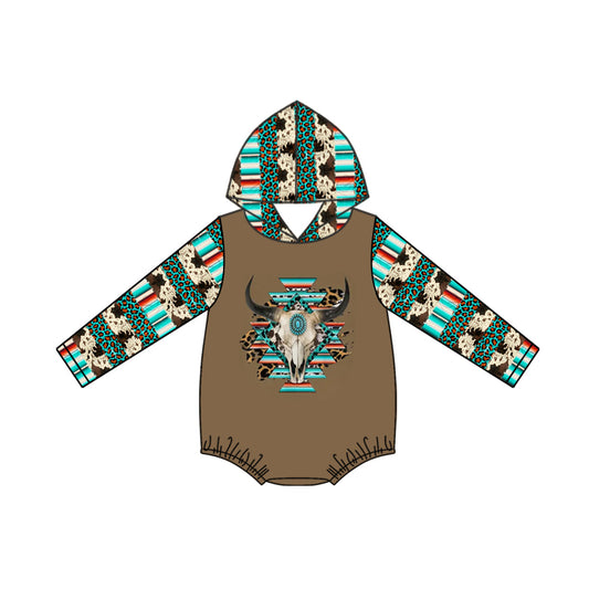 (Custom Design Preorder MOQ 5) Cow Skull Turquoise Leopard Print Baby Fall Hoodie Western Romper