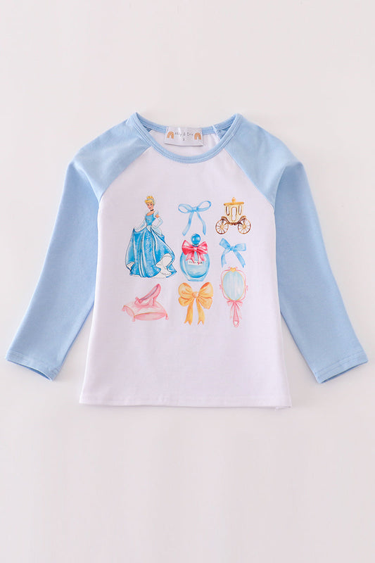 (Custom Design Preorder MOQ 5) Cartoon Princess Blue Print Girls Tee Shirts Top