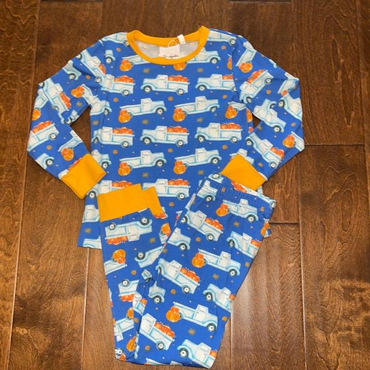 (Custom Design Preorder MOQ 5) Pumpkin Trucks Print Boys Fall Pajamas Clothes Set