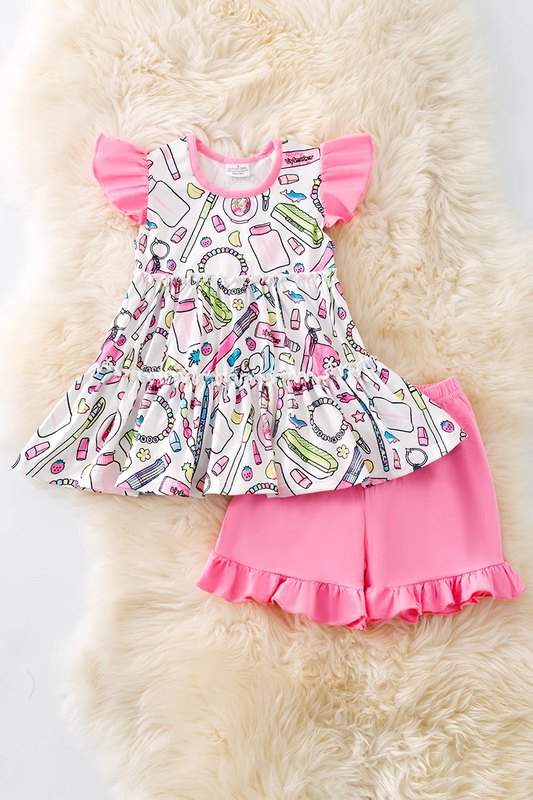 (Custom Design Preorder MOQ 5) Pen Tunic Top Pink Shorts Girls Back to School Clothes Set