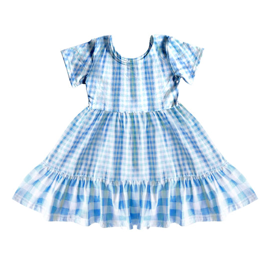 (Custom Design Preorder MOQ 5) Blue Plaid Print Girls Knee Length Summer Dress
