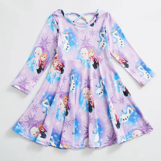 (Custom Design Preorder MOQ 5) Cartoon Princess Snowman Print Girls Knee Length Dress