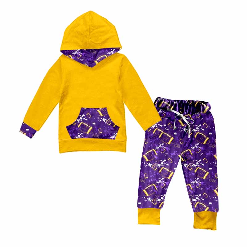 (Custom Design Preorder MOQ 5) Football Print Yellow Hoodie Top Purple Pockets Pants Boys Fall Clothes Set
