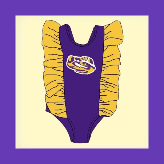 (Custom Design Preorder MOQ 5) Team's Purple Tiger Print Girls 1 Piece Swimsuits