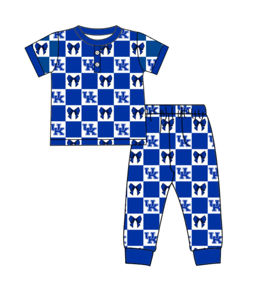 (Custom Design Preorder MOQ 5) Team's Kentucky Plaid Bows Print Girls Pajamas Clothes Set