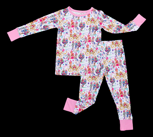 (Custom Design Preorder MOQ 5) Colorful Flowers Castle Unicorn Print Girls Spring Bamboo Pajamas Clothes Set