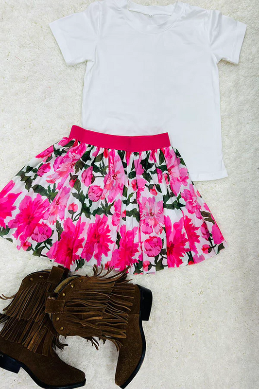 (Custom Design Preorder MOQ 5) White Top Flowers Skirts Girls Summer Clothes Set