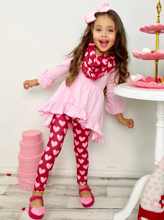 (Custom Design MOQ 5)  Pink Tunic Top Red Heart Legging Pants Girls 3 Pieces Valentine's Clothes set