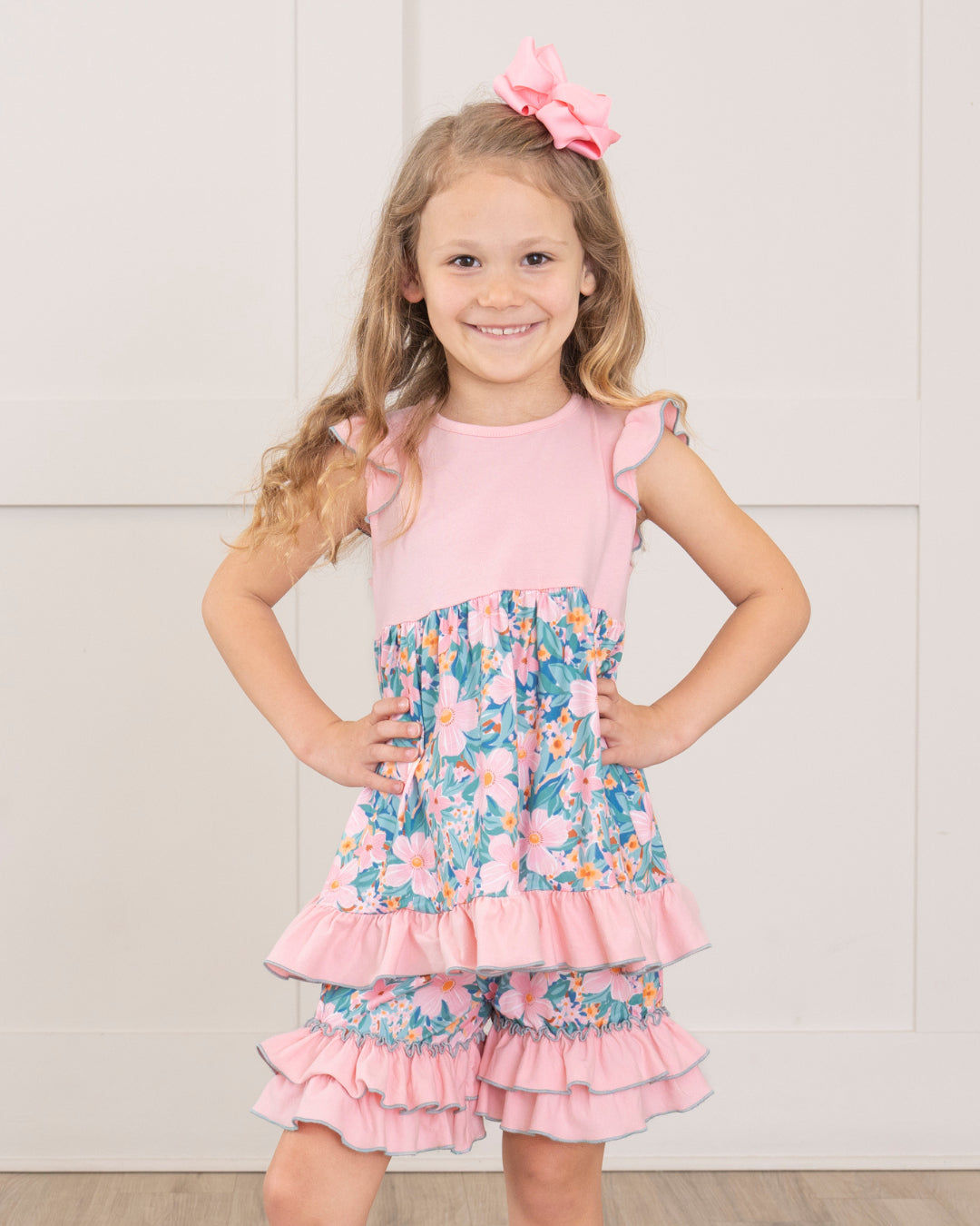 (Custom Design Preorder MOQ 5 Each Design) Pink Flowers Print Girls Summer Matching Clothes Sisters Wear