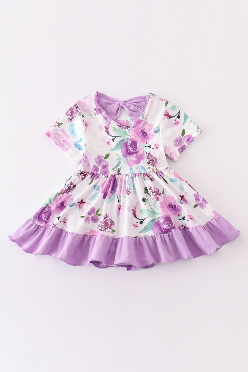 (Custom Design MOQ 5) Violet Flowers Print Girls Knee Length Dress