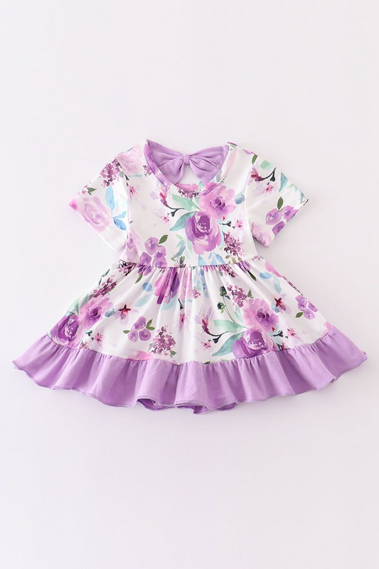 (Custom Design MOQ 5) Violet Flowers Print Girls Knee Length Dress