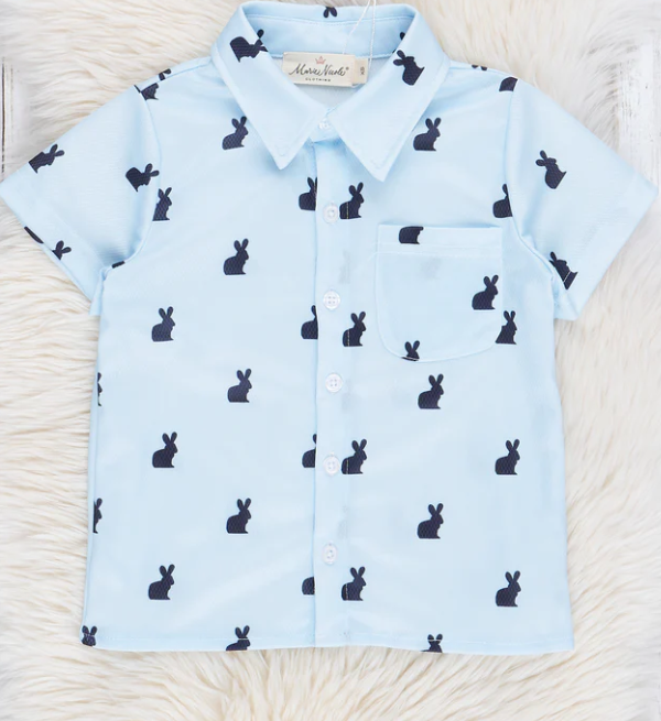 (Custom Design Preorder MOQ 5) Bunny Blue Print Pocket Boys Easter Tee Shirts Top