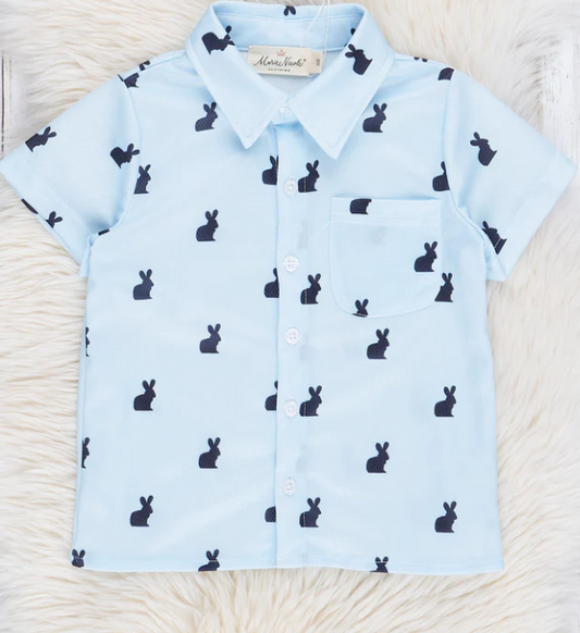 (Custom Design Preorder MOQ 5) Bunny Blue Print Pocket Boys Easter Tee Shirts Top