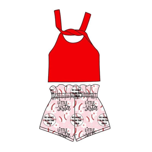 (Custom Design Preorder MOQ 5)  Red Halter Top Baseball Little Sister Shorts Girls Summer Clothes Set