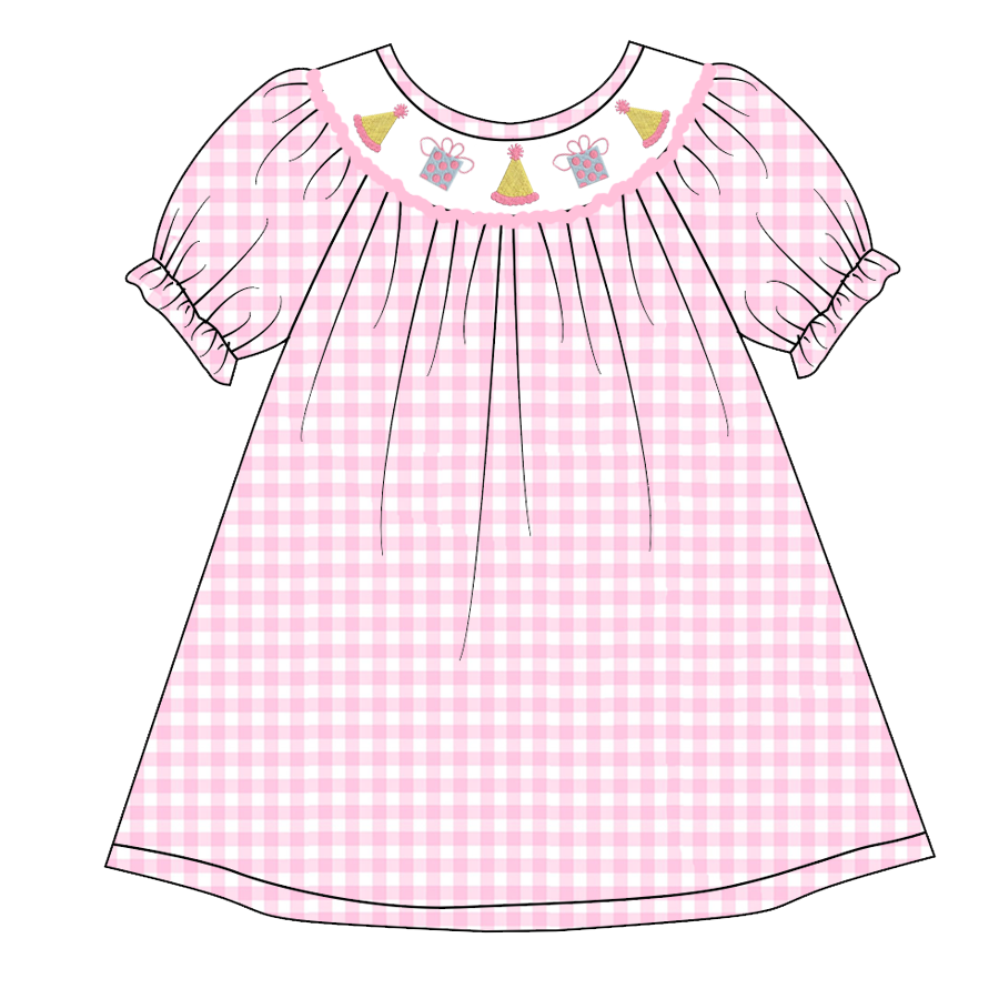 (Custom Design Preorder MOQ 5) Happy Birthday Pink Plaid Print Girls Knee Length Summer Dress