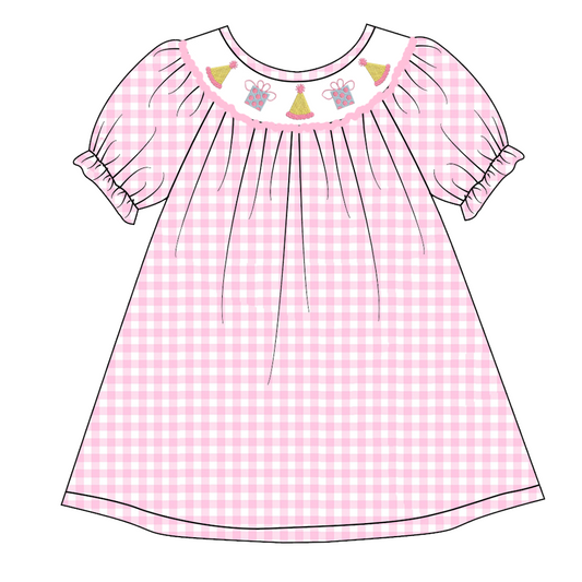 (Custom Design Preorder MOQ 5) Happy Birthday Pink Plaid Print Girls Knee Length Summer Dress