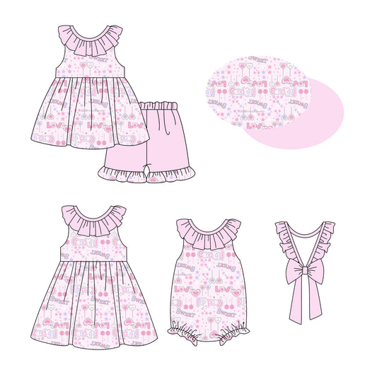 1.4(Custom Design Preorder MOQ 5 Each Design) Candy Girl Pink Print Girls Summer Matching Clothes Sisters Wear