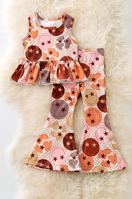 (Custom Design Preorder MOQ 5) Smiling Face Plaid Top Bell Pants Girls Western Clothes Set