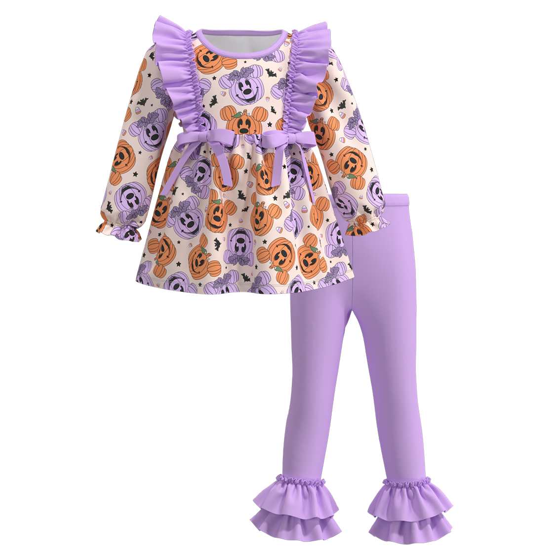 (Custom Design Preorder MOQ 5)  Cartoon Mouse Pumpkin Tunic Top Purple Pants Girls Clothes Set