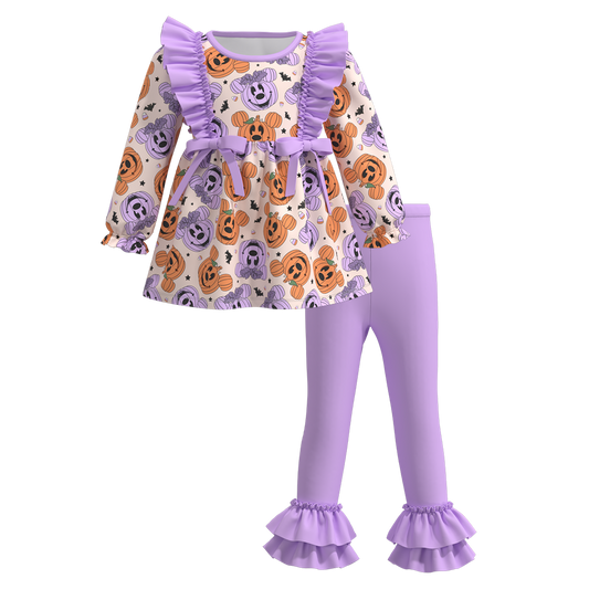 (Custom Design Preorder MOQ 5)  Cartoon Mouse Pumpkin Tunic Top Purple Pants Girls Clothes Set