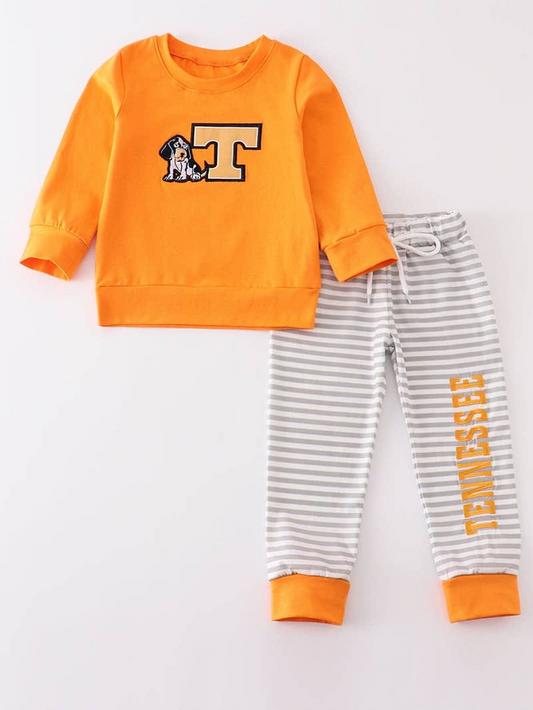 (Custom Design MOQ 5) Orange T Football Team's Print Boys Clothes Set