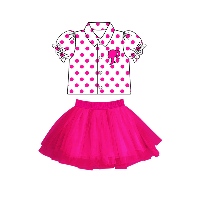 (Custom Design Preorder MOQ 5) Pink BA Dots Top Hotpink Tulle Skirts Girls Clothes Set