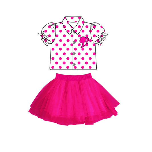 (Custom Design Preorder MOQ 5) Pink BA Dots Top Hotpink Tulle Skirts Girls Clothes Set