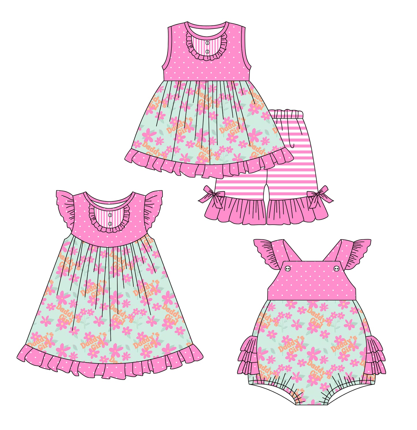 3.6(Custom Design Preorder MOQ 5 Each Design) Daddy's Girl Flowers Print Girls Summer Matching Clothes Sisters Wear