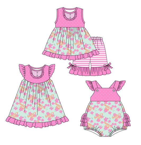 3.6(Custom Design Preorder MOQ 5 Each Design) Daddy's Girl Flowers Print Girls Summer Matching Clothes Sisters Wear