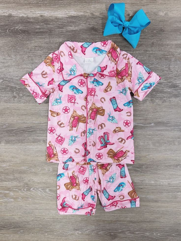 (Custom Design Preorder MOQ 5) Pink Boots Print Girls Summer Western Pajamas Clothes Set