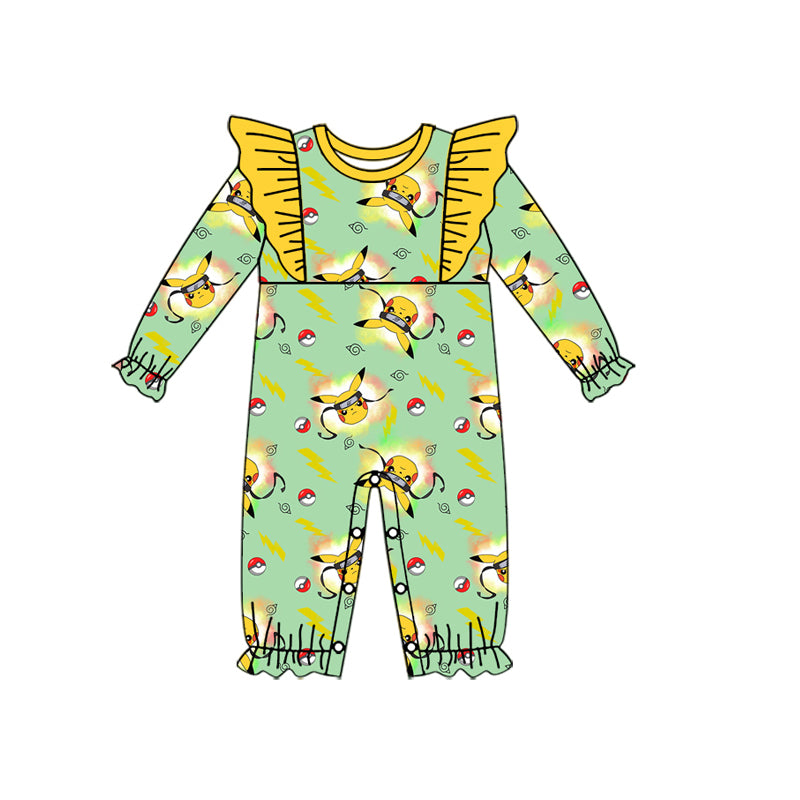 (Custom Design Preorder MOQ 5) Cartoon Animals Green Print Baby Girls Fall Romper