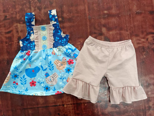 (Custom Design Preorder MOQ 5) Chicken Flowers Tunic Top Ruffle Shorts Girls Summer Clothes Set