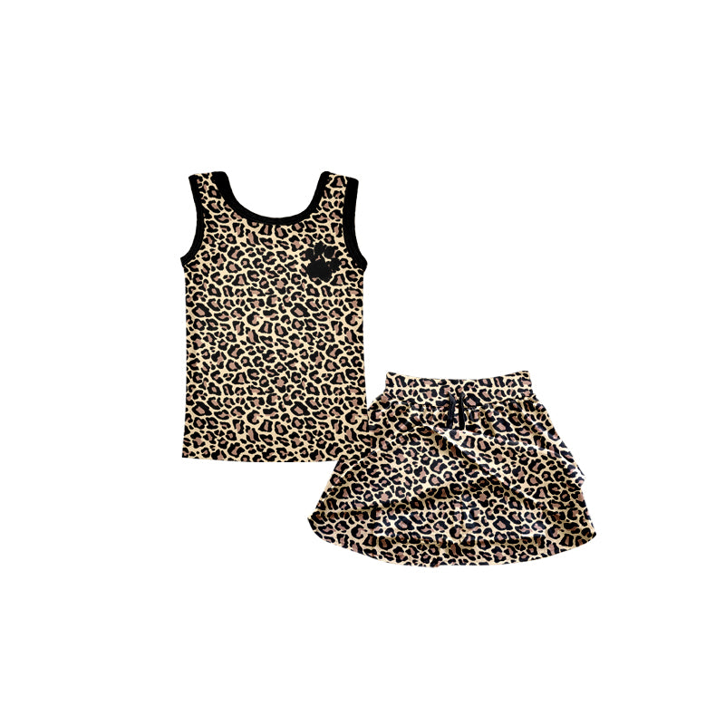 (Custom Design Preorder MOQ 5) Paw Leopard Print Skirts With Shorts Girls Summer Clothes Sets