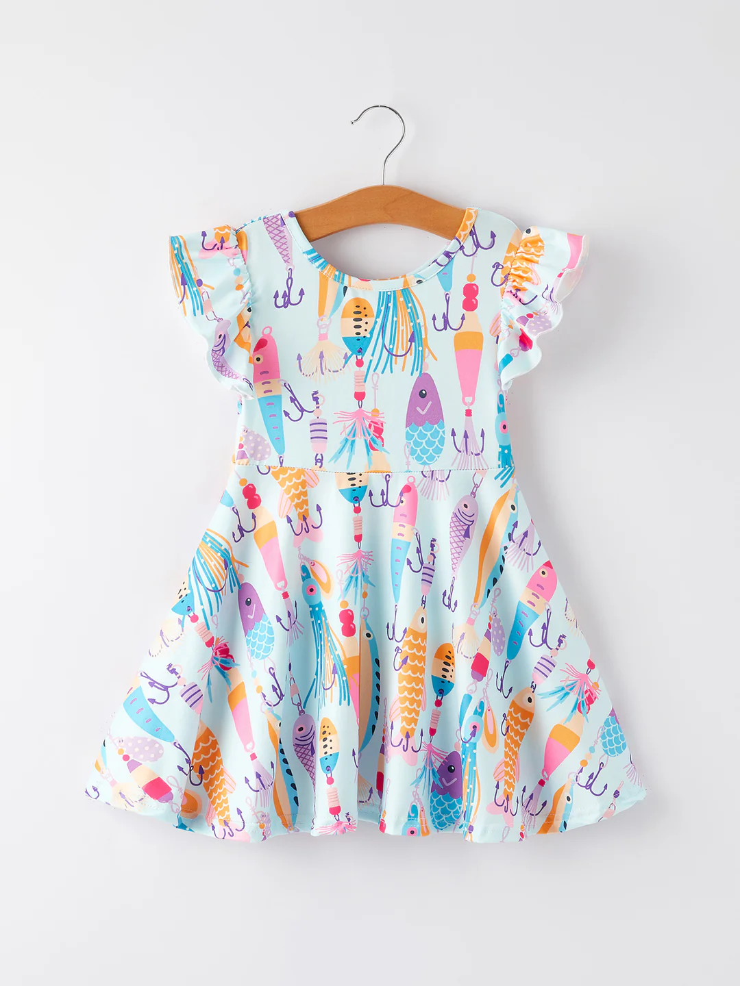 (Custom Design Preorder MOQ 5) Fishing Print Girls Summer Knee Length Dress