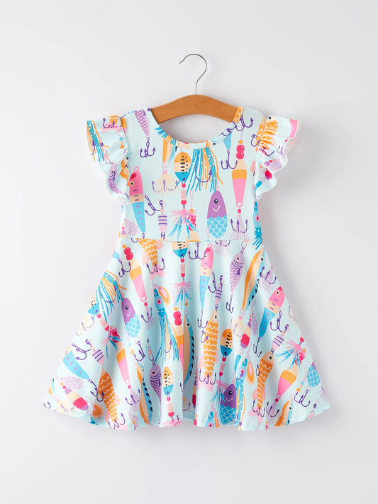 (Custom Design Preorder MOQ 5) Fishing Print Girls Summer Knee Length Dress