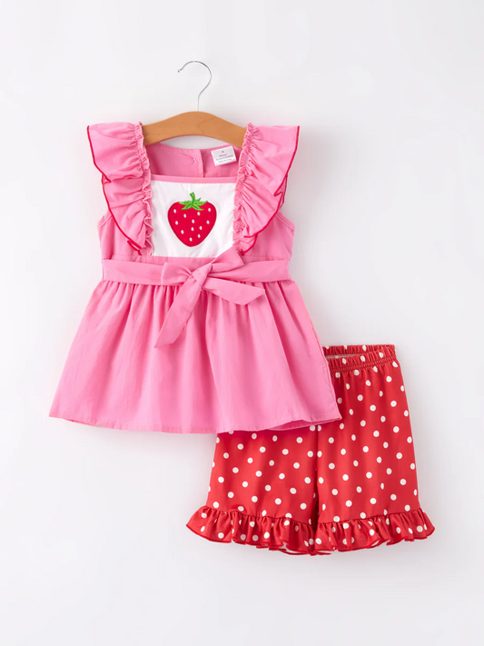 (Custom Design Preorder MOQ 5) Strawberry Pink Tunic Top Dots Shorts Girls Summer Clothes Set