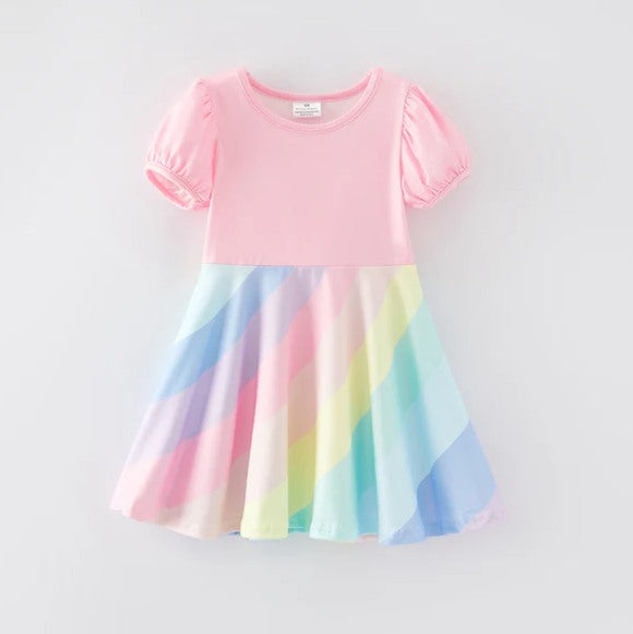 (Custom Design Preorder MOQ 5) Rainbow Print Girls Summer Knee Length Dress