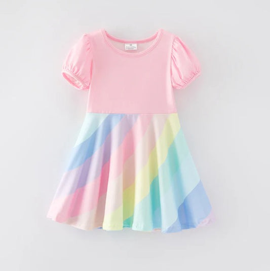 (Custom Design Preorder MOQ 5) Rainbow Print Girls Summer Knee Length Dress