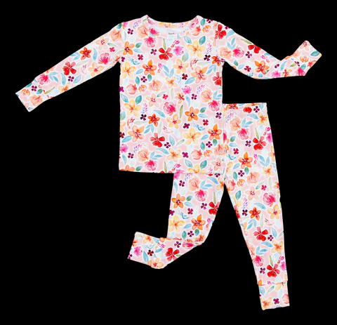 (Custom Design Preorder MOQ 5)  Flowers Print Girls Spring Pajamas Bamboo Clothes Set