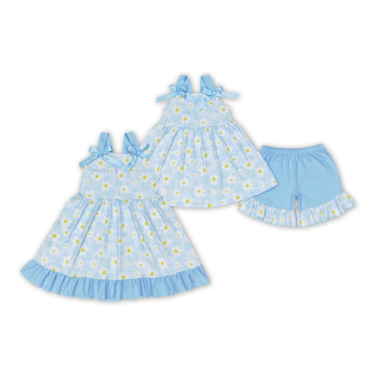 Blue Daisy Flowers Print Sisters Summer Matching Clothes