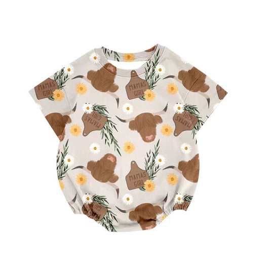 (Custom Design Preorder MOQ 5) Highland Cow Flowers Print Baby Girls Summer Romper