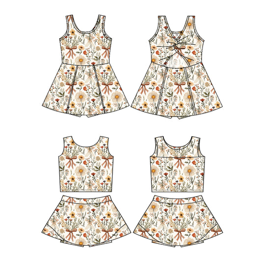 2.22(Custom Design Preorder MOQ 5 Each Design) Flowers Bows Print Girls Summer Matching Clothes Sisters Wear