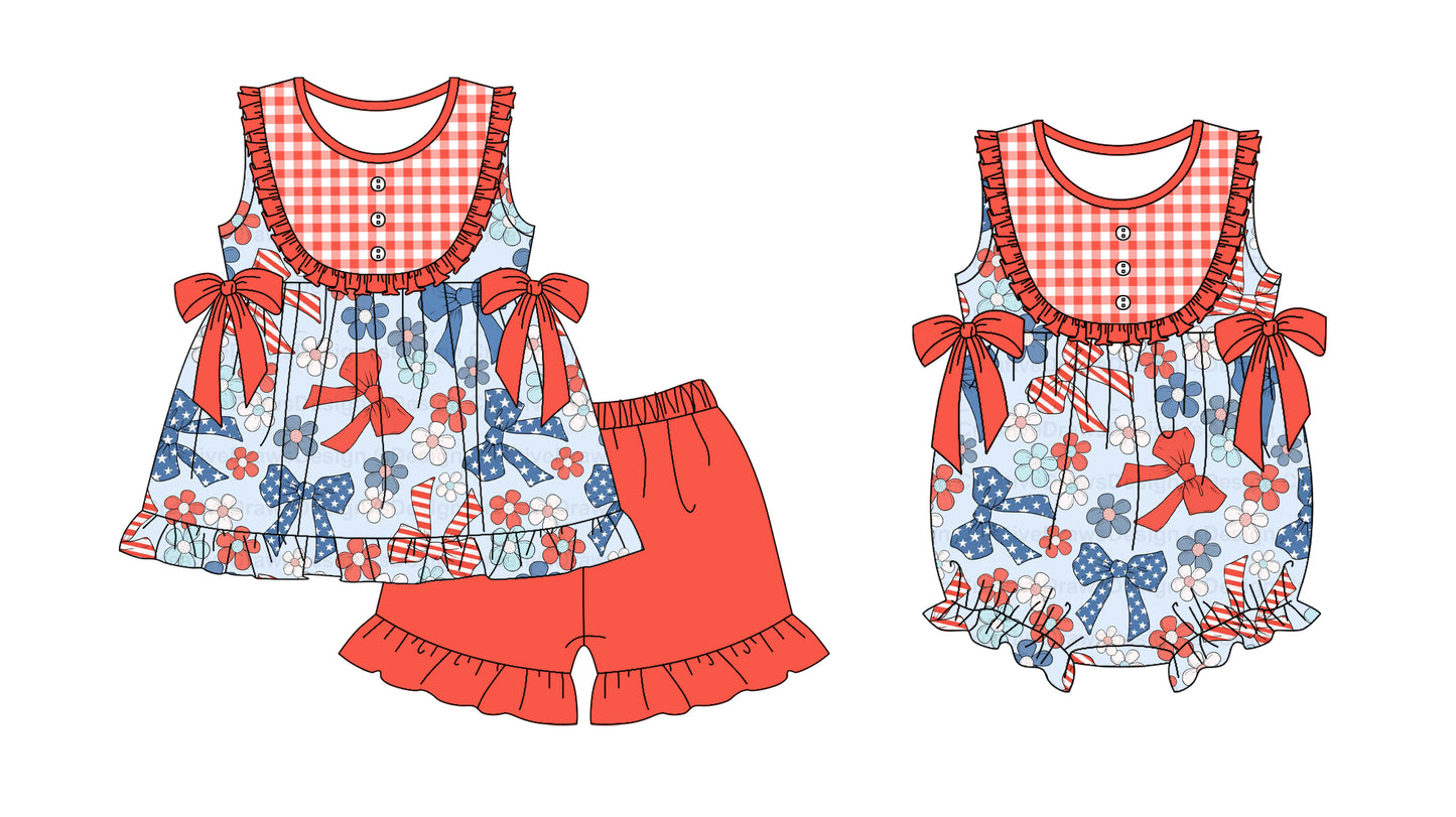 11.21(Custom Design Preorder MOQ 5 Each Design) Flowers Bows Print Girls 4th of July Matching Clothes Sisters Wear