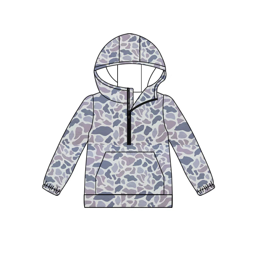 (Custom Design Preorder MOQ 5) Grey Camo Print Kids Long Sleeve Hoodie Zipper Tops