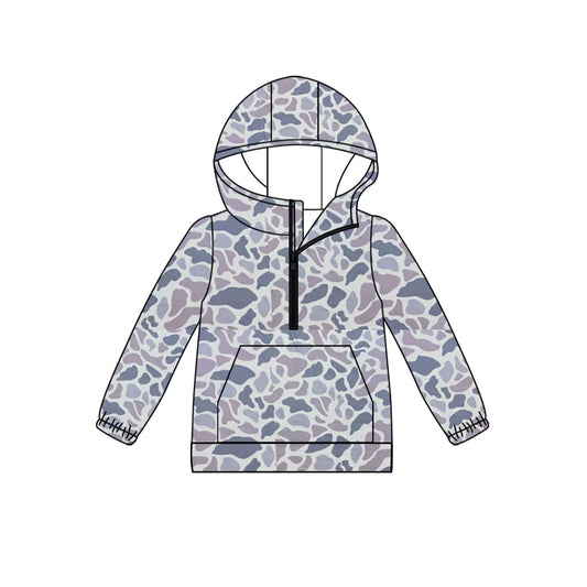 (Custom Design Preorder MOQ 5) Grey Camo Print Kids Long Sleeve Hoodie Zipper Tops