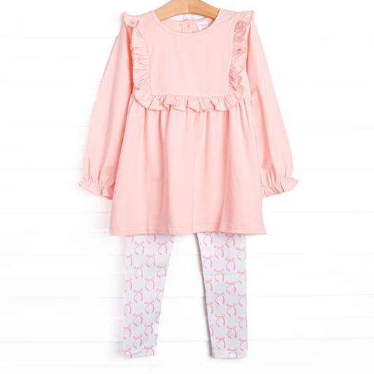 (Custom Design Preorder MOQ 5) Pink Tunic Top Small Bows Pants Girls Fall Clothes Set