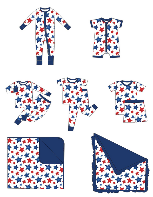 (Custom Design Preorder MOQ 5)  Stars Print Baby 4th of July Long Sleeve Zipper Sleeper Romper